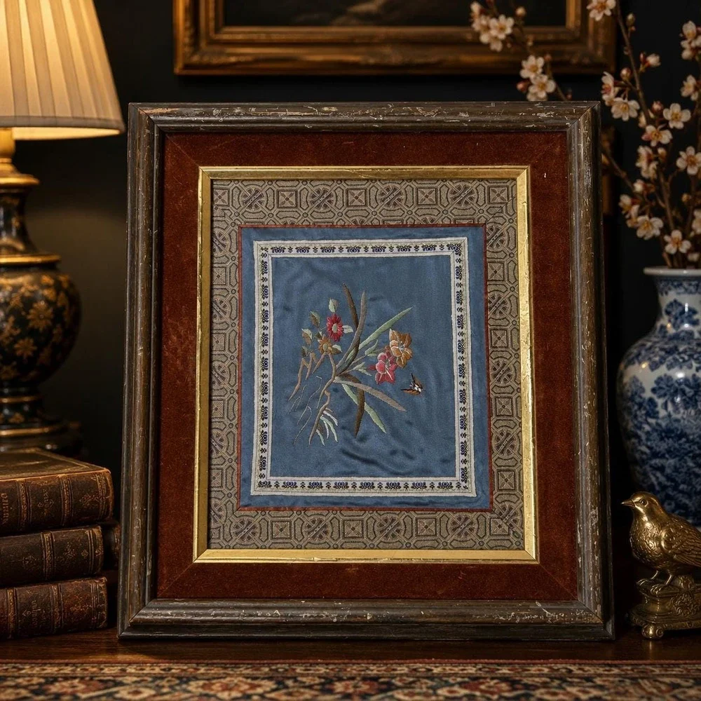 VTG Asian Silk Embroidery Framed Floral Bird Art Blue Silk Textile Wall Decor